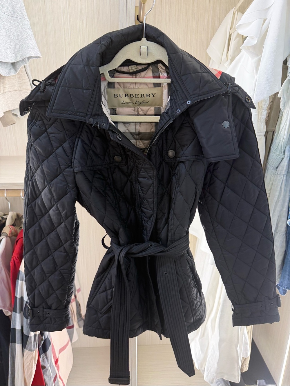 Burberry Black Quilted Belted Jacket with Check Lining